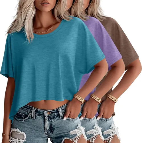 Vista 32 de Huukeay Paquete de 3 camisetas recortadas de gran tamaño para mujer, manga corta, holgadas, cuello redondo, holgadas, para entrenamiento
