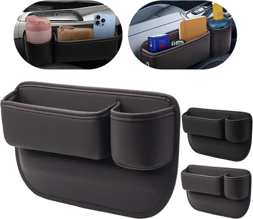 Vista 8 de Portavasos de cuero para automóvil, 2 piezas, relleno de huecos para asiento de automóvil con portavasos para tazas, gafas, tarjeta y llave Negro