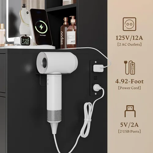Vista 8 de Escritorio de maquillaje con espejo y luces, tocador negro de 43 pulgadas con parte superior de cristal, almacenamiento de joyas, 3 cajones