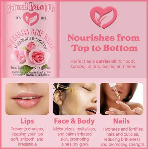 Vista 6 de Natural Born Oils Hidrosol de agua de rosas de 4 onzas, 100% pura y natural, orgánico, destilado al vapor, limpiador de tóner facial
