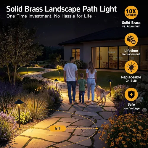 Vista 2 de Gardenreet Luces de camino de latón para exteriores, iluminación de camino de paisaje de bajo voltaje con cable, luz LED de pasarela de 12 V