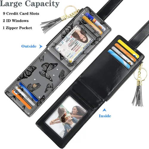 Vista 4 de Cartera delgada con bloqueo RFID para mujer, cartera de cuero con múltiples tarjetas, cartera plegable con borla, bolsillo con cremallera