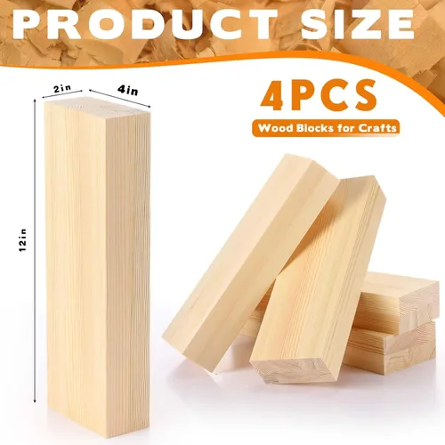 Vista 2 de Paquete de 4 bloques de madera de pino de 12 x 4 x 2 pulgadas, bloques de madera sin terminar para principiantes, hogar, Navidad, suministros de arte