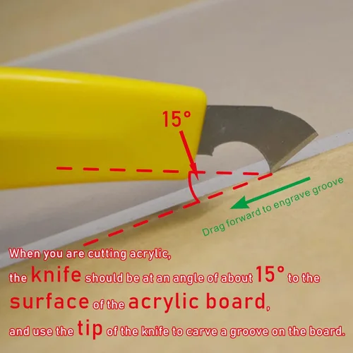 Vista 5 de Cuchillo profesional de corte de láminas de plexiglás acrílico, con un mango curvo, es más cómodo de usar. Un mango, 11 cuchillas. (Amarillo)