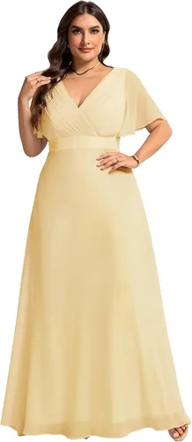 Vista 17 de Ever-Pretty Vestidos formales de noche de gasa para mujer con cuello en V de talla grande para mujeres con curvas, vestido de dama de honor de largo