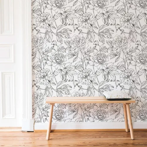Vista 10 de Simon&Siff Papel Tapiz Lineal Floral, Papel Tapiz Blanco y Negro Despegar y Pegar Flores Boceto Papel de Pared Floral Removible para Dormitorio Baño