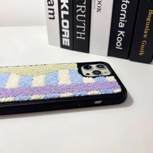 Vista 8 de Funda estética a cuadros compatible con iPhone 12 y iPhone 12 Pro, funda de alfombra mullida con bordado retro a cuadros para iPhone 12/12 Pro