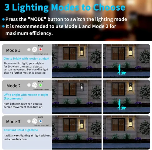 Vista 4 de Lámparas solares de pared para exteriores, 3 modos de iluminación y sensor de movimiento, luz solar para porche, 2 bombillas, aplique resistente al