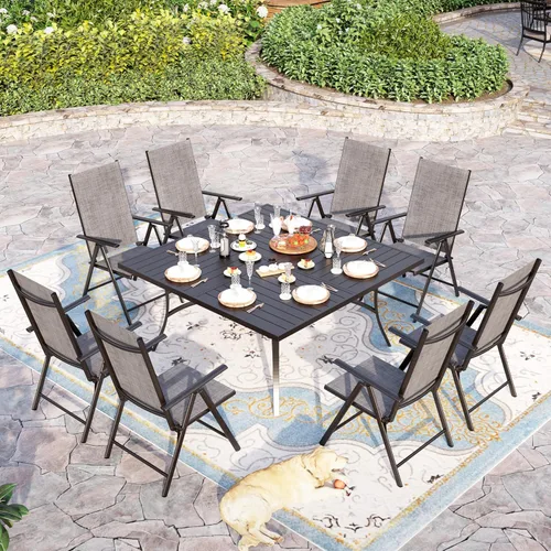 Vista 8 de Sophia & William Juego de comedor de patio para 8 personas, juego de mesa de comedor al aire libre grande cuadrada de metal negro y 8 sillas