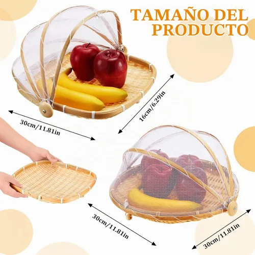 Vista 2 de Patelai 2 piezas cubiertas de bambú para servir alimentos para tienda de campaña al aire libre con cesta de almacenamiento de pan de gasa, cuenco