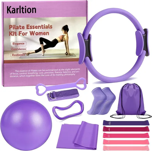 Vista 7 de Juego de anillos de pilates de 13 piezas, kit de pilates para mujer, accesorios de equipo de ejercicio, deformación, círculo mágico con asas Rosa