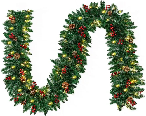 Vista 7 de Guirnalda de Navidad de 10 pies, guirnalda de pino predecorada con bayas rojas y piñas, para repisa de chimenea, barandilla de escaleras, chimenea