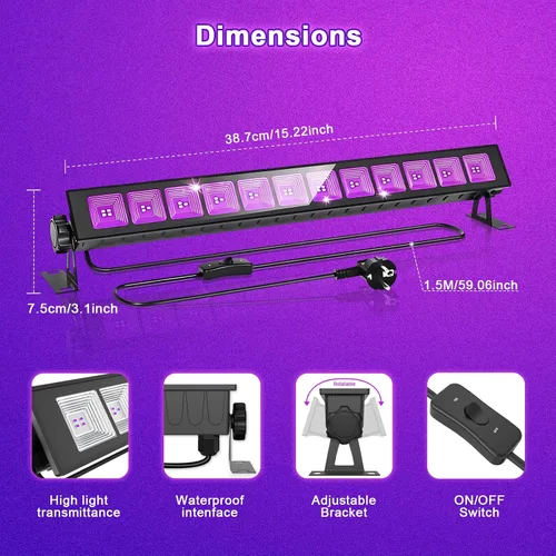 Vista 6 de CREATESTAR Paquete de 2 barras de luz LED negras de 45 W, luz negra impermeable IP66 con enchufe e interruptor, luz negra para fiesta brillante