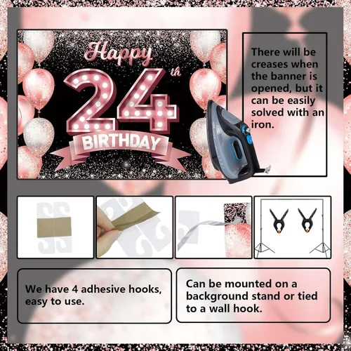 Vista 201 de Cartel de feliz cumpleaños décimo oro rosa, telón de fondo, saludos a 10 años, globos de confeti, decoración temática para niñas de 10 años
