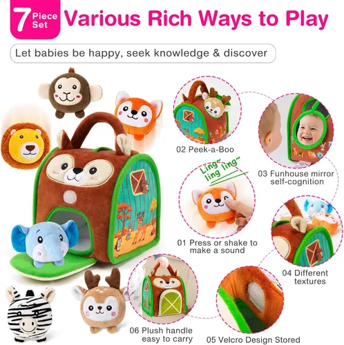 Vista 5 de Montessori - Juguetes sensoriales para bebés de 6 a 12 meses y niños pequeños de 1 a 3 años, juego educativo de animales de peluche con sonajero