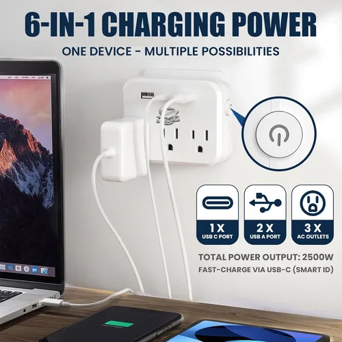 Vista 2 de Regleta de alimentación sin sobretensión (6 en 1) compatible con cruceros con 3 salidas de CA, 2 puertos USB y 1 USB-C, 2500W, carnaval, noruego