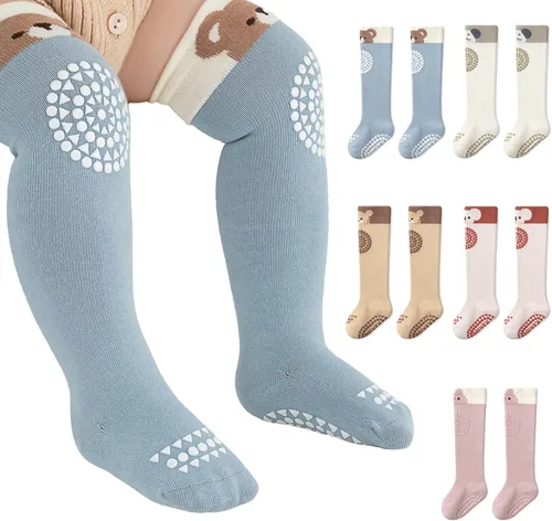 Vista 10 de Calcetines antideslizantes hasta la rodilla para bebés y niños pequeños, calcetines antideslizantes para recién nacidos, 5 pares