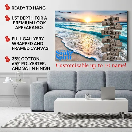 Vista 5 de My Soul & Spirit - Lienzo personalizado con varios nombres y colores de atardecer en el océano, lienzo personalizado Crossroads para pared a