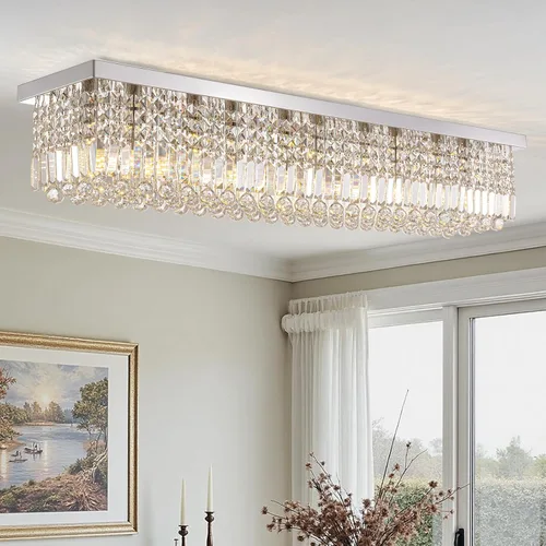 Vista 18 de Candelabros Modernos de Cristal para Lámpara de Comedor, Candelabro de Techo Rectangular Dorado de 6 Luces para Isla de Cocina y Sala de Estar