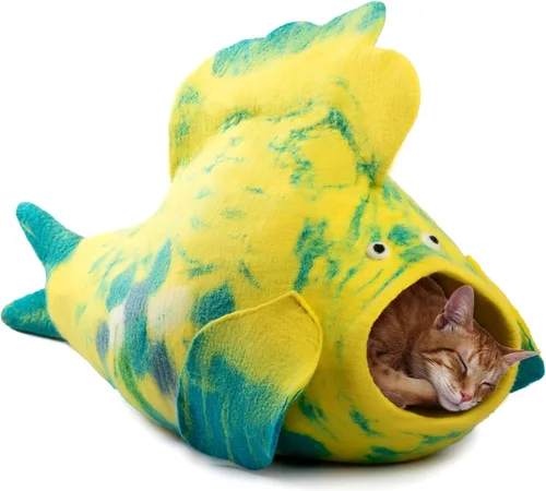 Vista 18 de Woolygon - Lujosa cueva de lana merina para gatos, cápsula plegable para gatos de interior, recinto de fieltro para mascotas de alta calidad, casa
