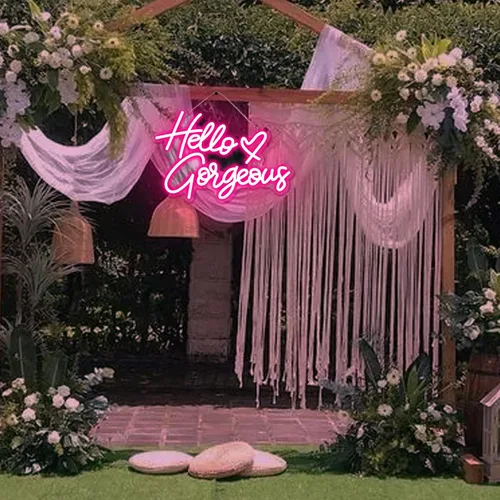 Vista 4 de Letrero de neón con texto en inglés "Hello Gorgeous Neon", luces LED de neón rosadas para el hogar, boda, cumpleaños, telón de fondo, fiesta