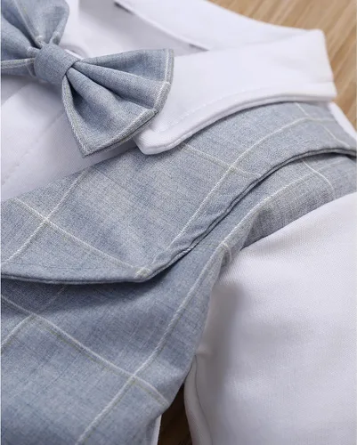Vista 16 de Conjunto de chaleco para bebés y niños pequeños, camisa corta con corbatín y pantalones, trajes elegantes