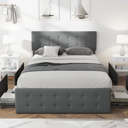 Vista 3 de GAOMON Base de cama de tamaño matrimonial con 4 cajones de almacenamiento y cabecero, base de colchón tapizada con plataforma completa, base