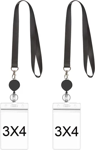 Vista 8 de 2 cordones negros con soporte horizontal para tarjetas de identificación de 4 x 3, carrete retráctil Cordón de cuello plano con gancho de metal