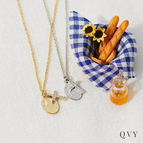 Vista 7 de Collar de cruz y Virgen María para mujer, colgante de medalla milagrosa, chapado en plata rodiada, acero inoxidable, no se deslustra, regalos