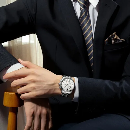 Vista 2 de GUANHAO Silver Watches for Men, Fashion Stainless Steel Watch Waterproof Chronograph Calendar Multifunction Casual Quartz Watches with BlackWhite