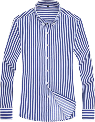Vista 4 de Camisa de manga larga para hombre, ajuste regular, con botones, a rayas, estilo casual, de verano, de algodón, con cuello extendido
