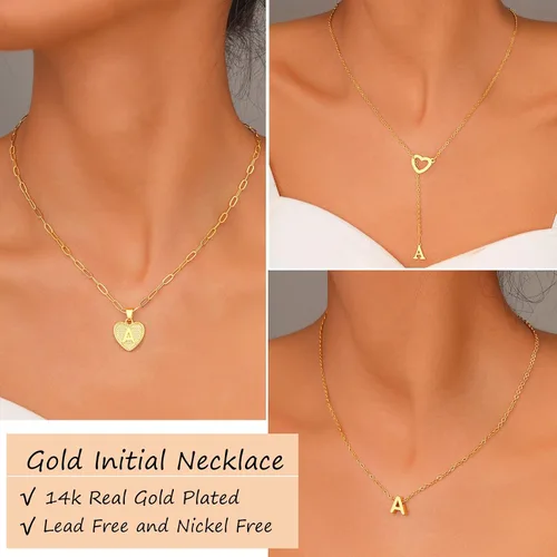 Vista 3 de FAXHION Gold Initial Necklaces for Women Girls, 3 Pcs 14K Gold Plated Letter Heart Pendant Necklaces, Dainty Gold Letter Necklace Set Layering