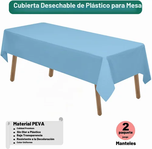 Vista 2 de Manteles de Plástico Azul Claro Paquete de 2 Cubiertas de Mesa Desechables 54 x 108 Pulgadas Manteles para Baby Shower Fiesta PEVA Manteles Azul