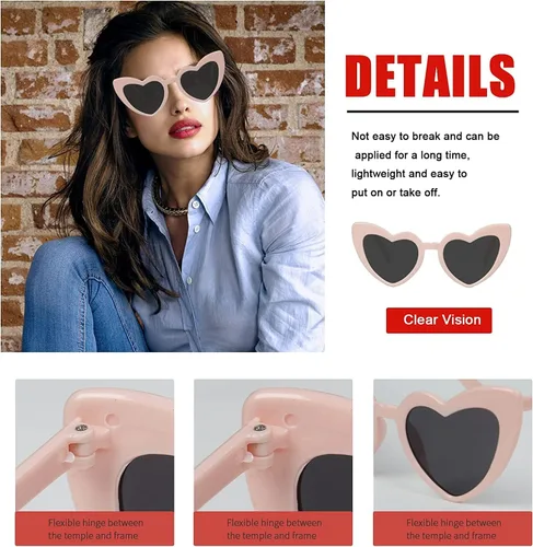 Vista 3 de AEAHALY Lentes de sol de corazón blanco, rosa, rojo, negro para mujer, protección UV 400, lentes de sol en forma de corazón, gafas de sol a granel