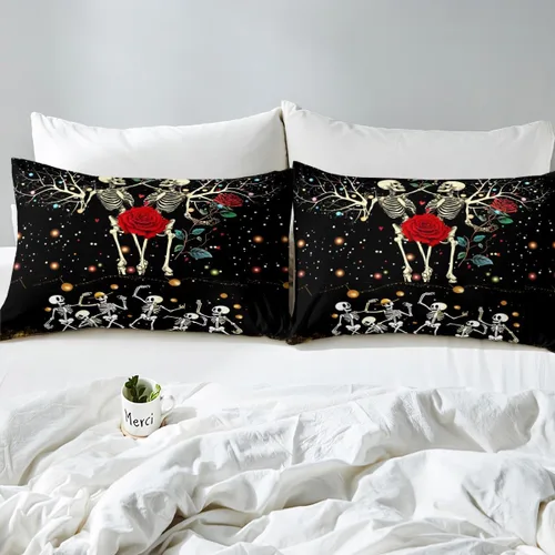 Vista 4 de Juego de funda de edredón de esqueleto, tamaño individual, estampado de flores de esqueleto humano, juego de ropa de cama con temática de Halloween