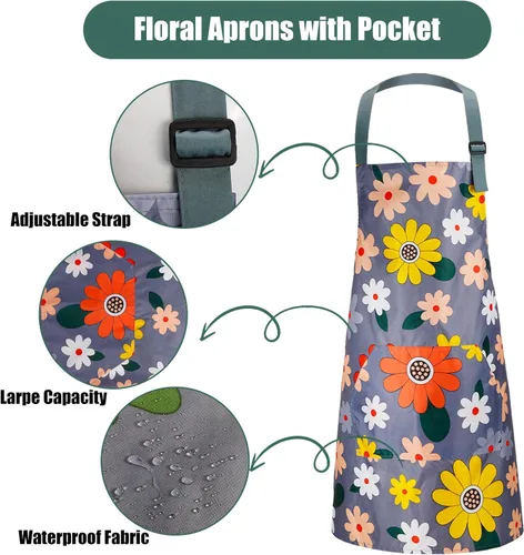 Vista 4 de Jeffbaubl Paquete de 4 delantales florales con bolsillo, delantales de cocina ajustables, delantales impermeables para mujeres, delantales de cocina