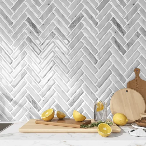 Vista 3 de VEELIKE Azulejos de mármol gris para salpicaduras de pared en muro de cocina en muro de espiga para despegar y pegar, impermeables, 6 hojas