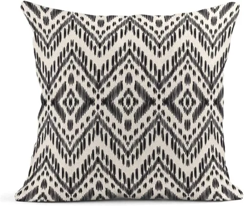 Vista 4 de ArtSocket - Juego de 4 fundas de almohada decorativas Ikat tribal y boho bohemio, diseño étnico de herringbone en negro, de lino para ideas