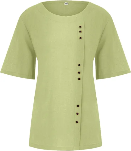 Vista 3 de Camisetas de lino de algodón para mujer, talla grande, camisa de media manga, estilo bohemio, hippie, holgada, para verano, trabajo, negocios, blusa