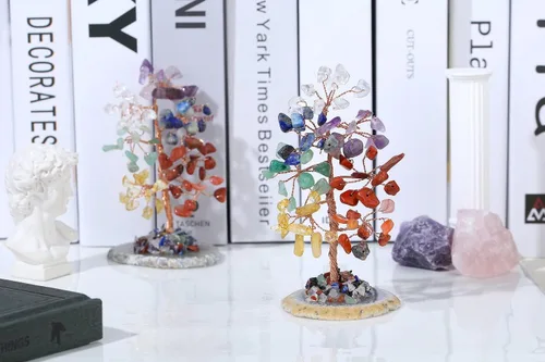 Vista 7 de Árbol de cristal de curación de 7 chakras del árbol de la vida, piedras preciosas naturales, base de rebanadas de ágata, árboles de dinero envueltos