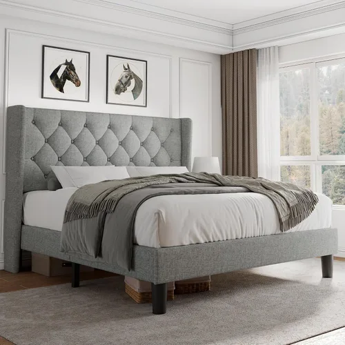 Vista 13 de iPormis - Base de cama tapizada de tamaño completo con cabecera capitonada con botones, base de cama tapizada con listones de madera sólidos, 20 cm
