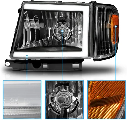 Vista 3 de AmeriLite para camioneta Toyota Tacoma 2WD 1997-2000, faros delanteros de tubo LED negros de repuesto + juego de luz de esquina - lado del pasajero