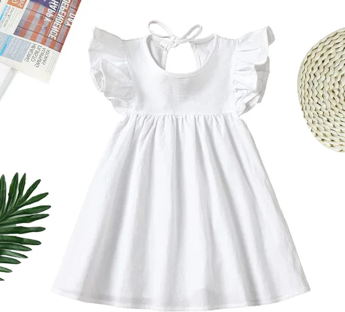 Vista 3 de Vestido para niña bebé de verano de algodón y lino con volantes, halter, sin mangas, para niños, vestidos casuales de playa y fiesta, de 1 a 6 años