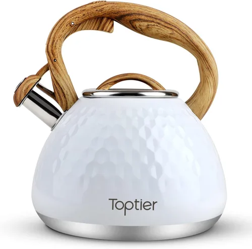 Vista 12 de Tetera, Tetera Silbadora Toptier con Mango de Patrón de Madera Silbato Fuerte, Tetera de Acero Inoxidable Grado Alimenticio para Estufas de Negro