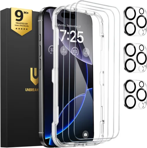 Vista 14 de UNBREAKcable Paquete de 3 protectores de pantalla para iPhone 15, 3 de vidrio templado + 3 protectores para lente de cámara, dureza 9H, claridad HD