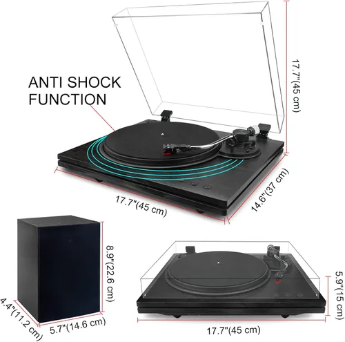 Vista 7 de Tocadiscos para vinilo con altavoces, tocadiscos Bluetooth de 2 velocidades, con contrapeso ajustable, soporte RCA, sistema estéreo para el hogar