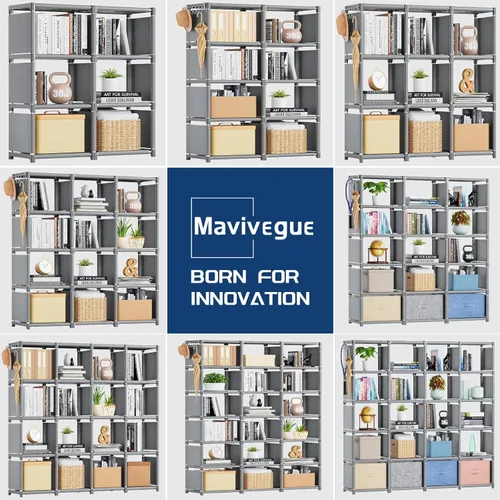 Vista 6 de Mavivegue Librería, organizador de almacenamiento de 15 cubos, organizador de estante para libros, estante alto, estuches para libros, estante