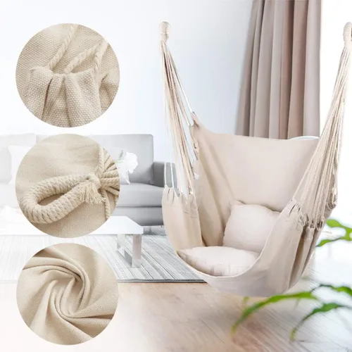 Vista 2 de Silla hamaca colgante de cuerda para interiores y exteriores, columpio de hamaca de tejido de algodón resistente, máximo 300 libras
