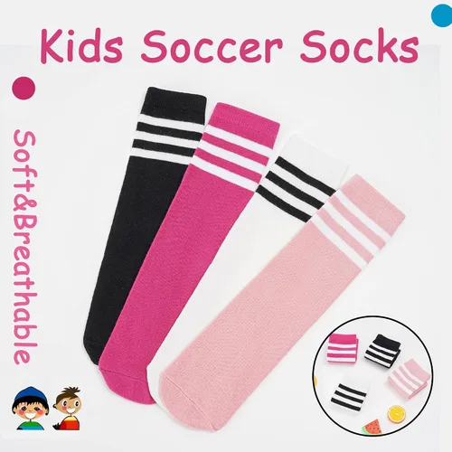 Vista 4 de BONANGEL Calcetines de fútbol para niños y niñas, de algodón, hasta la rodilla, a rayas, calcetines largos atléticos para niños y niñas, 4 pares