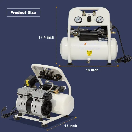 Vista 5 de Compresor de aire portátil para perros calientes, 0.8 HP 2.5 galones 1.73CFM@90PSI Compresor sin aceite, 62 dB ultra silencioso con panel